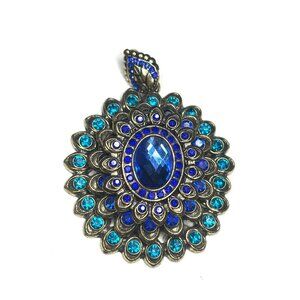 Vintage Blue Rhinestone peacock inspired Flower Pendant